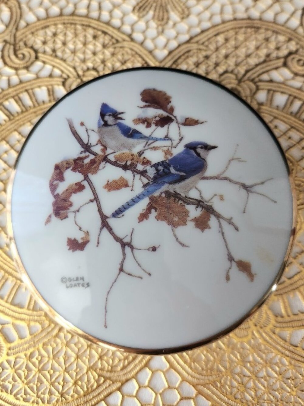 Beautiful VTG Glen Loates Porcelain Trinket Box w/2 Blue Jays on a Branch